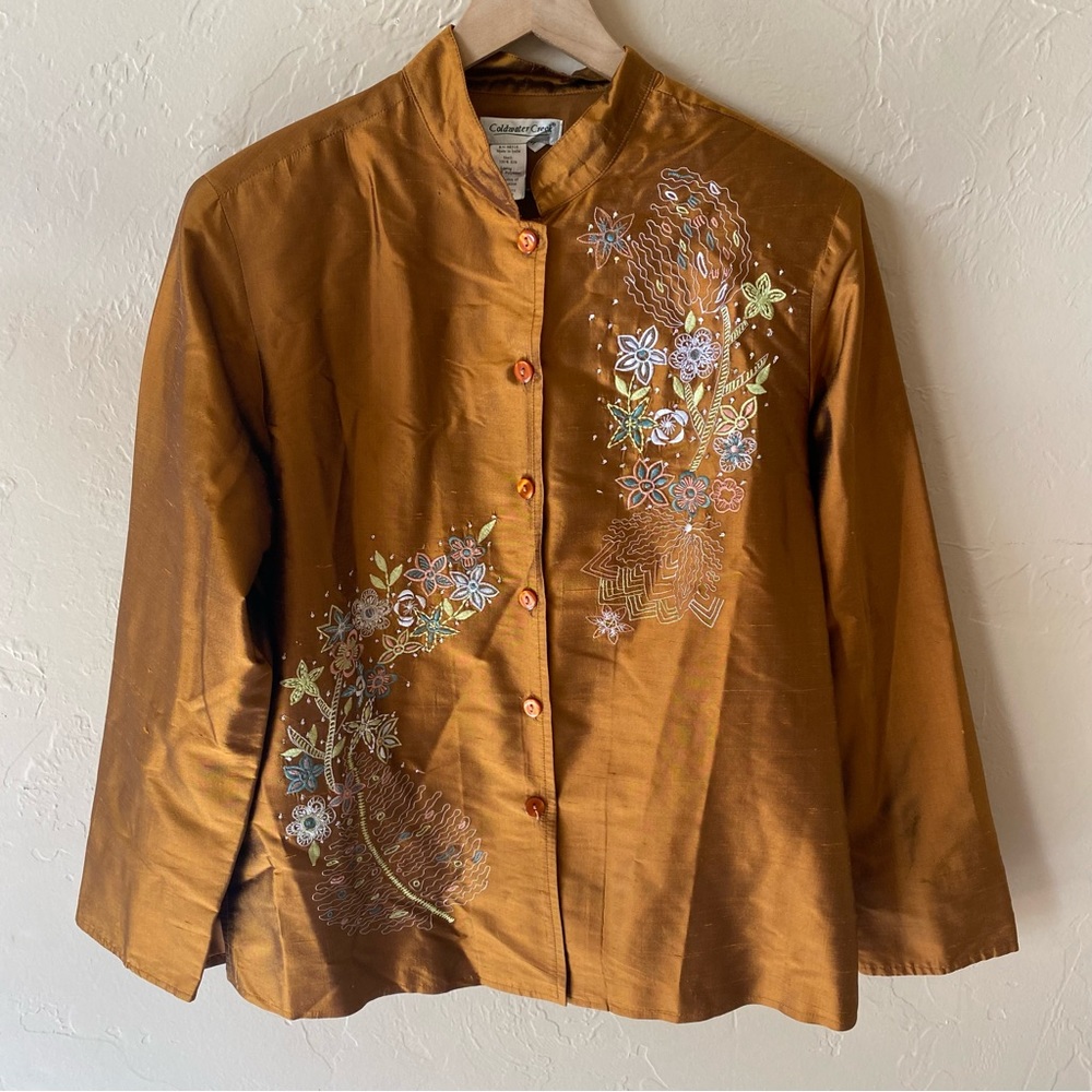 Coldwater Creek Copper Silk Embellished Jacket Embroidered Sequin Floral Medium